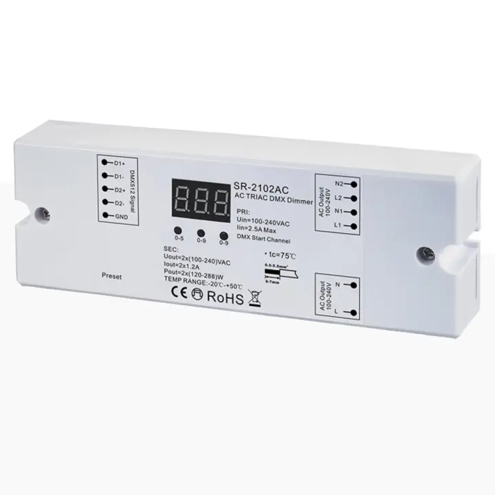 BARCELONA LED - SUNRICHER Controlador monocolor AC TRIAC - DMX Dimmer - 2 canales 1,2A/ch - 100-240V - Sunricher - 1