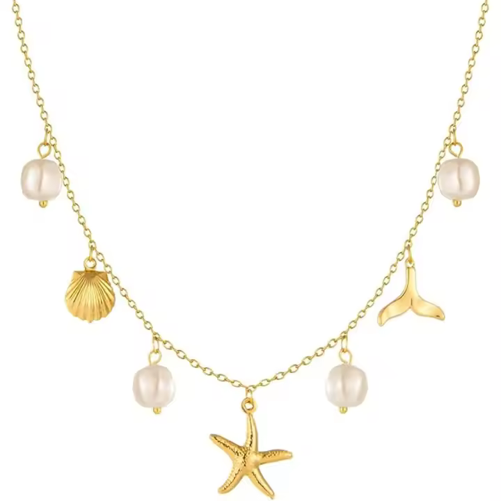 Collar with eanto para Mujer, Perlas de Estrella de Mar, COHA de Oro de 14 Quilates, para Verano, Playa, surfer, collar de GIFT, Dorado, L - 1