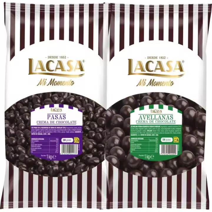 Lacasa Mi momento Pack 2 kg: deliciosas bolas de  Pasas de Corinto con chocolate Negro y Avellana con chocolate Negro - 1