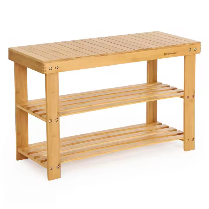 Banco zapatero de bambú, 3 estantes, 70x28x45 cm, ideal para entradas, baños, salas de estar y pasillos, color blanco o madera - 1