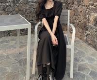 Vestido Midi Oscuro Vintage HOUZHOU Para Mujer Elegante Con Cuello Cuadrado Manga Flotante Sobredimensionado Casual De Verano - details 7