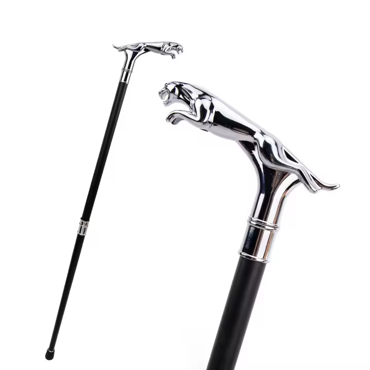 Bastón De Moda Con Cabeza De Leopardo Y Cola Plata Elegante Para Fiesta Decorativo Bastón De Caminar 93cm Material De Acero Con Punta De Goma - 1