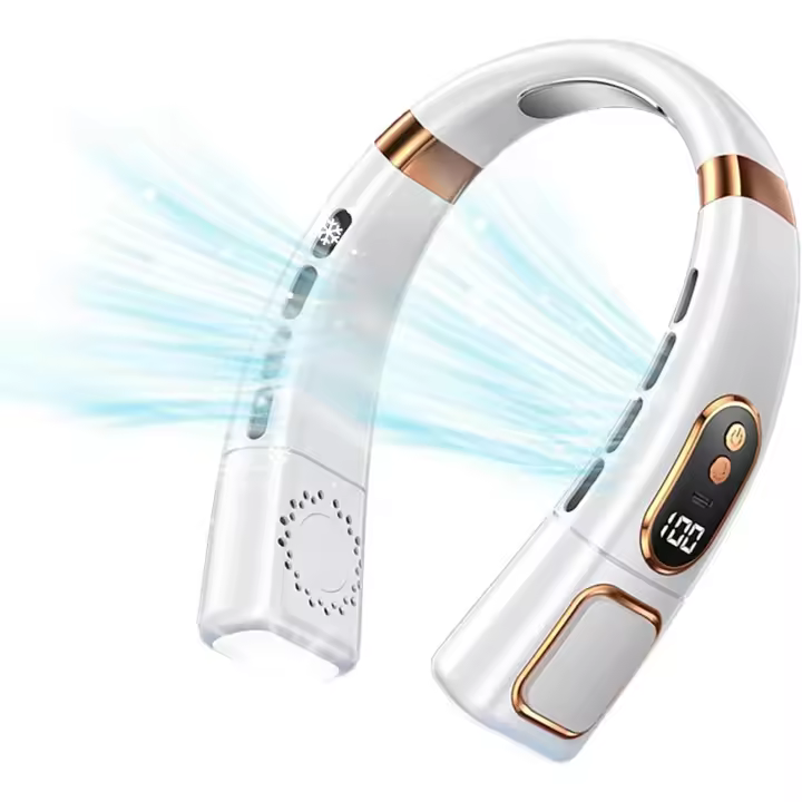 Ventilador de Cuello portátil, recargable, Manos libres, USB, 5 velocidades, Luces LED, Silencioso, sin Aspas, color Blanco. - 1