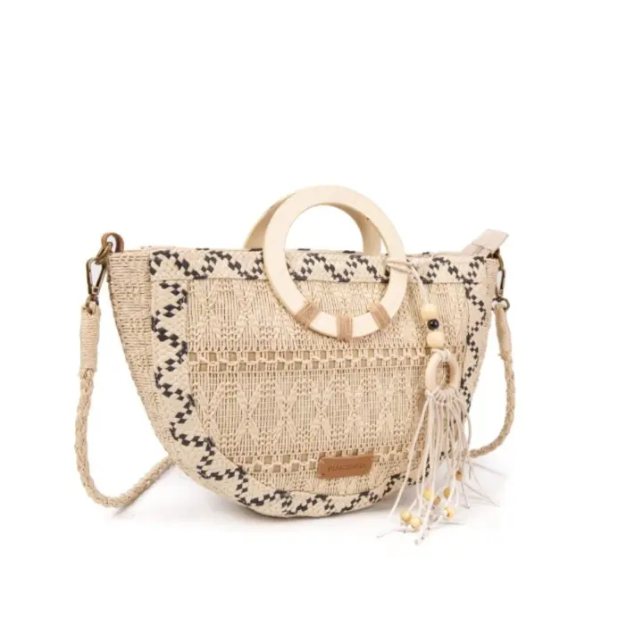 Bolso artesanal de rafia natural para mujer, bolso boho chic hecho a mano con asa redonda de madera y asa larga de rafia, forro de lino y detalles en macramé, ideal para verano, ciudad o escapadas | MAC&NOA - 1