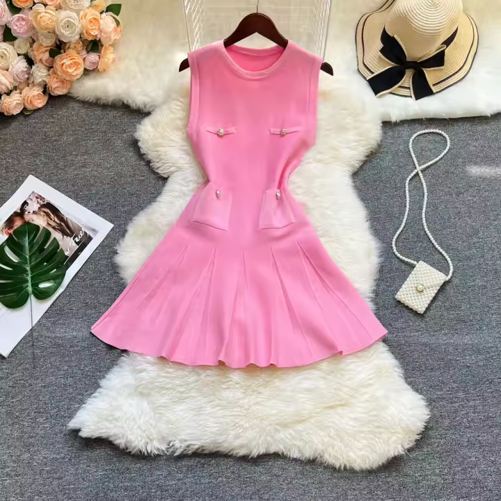 Vestido Corto Plisado De Moda Verano 2025 Para Mujer YuooMuoo Con Cuello Redondo Y Cintura Ajustada Vestido De Fiesta A-line Streetwear - 1