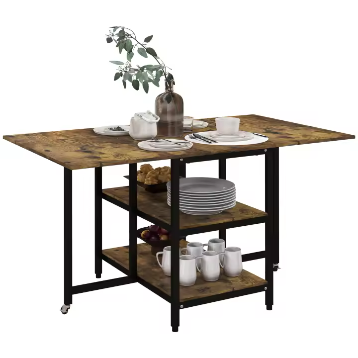 HOMCOM Mesa de comedor plegable, mesa plegable con ruedas, mesa de cocina de 140 x 80 cm con 2 estantes para 2-6 personas, mesa de comedor, para KÜche, comedor, acero, rústico-marrón - 1