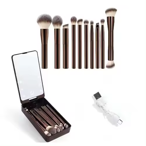 Juego de brochas de maquillaje portátil con espejo LED: 10 brochas aptas para viajes e iluminación ajustable para un maquillaje perfecto en movimiento - 1