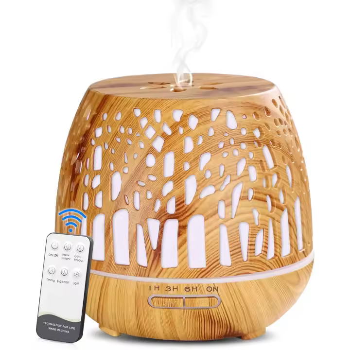 Humidificador Ultrasónico y Difusor de Aroma 400ml, atomizador de Fragancia ultrasónico LED con Control Remoto-Bosque Tallado, MarrónClaro - 1