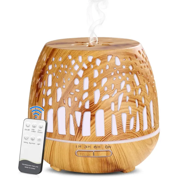 Humidificador Ultrasónico y Difusor de Aroma 400ml, atomizador de Fragancia ultrasónico LED con Control Remoto-Bosque Tallado, MarrónClaro - 1