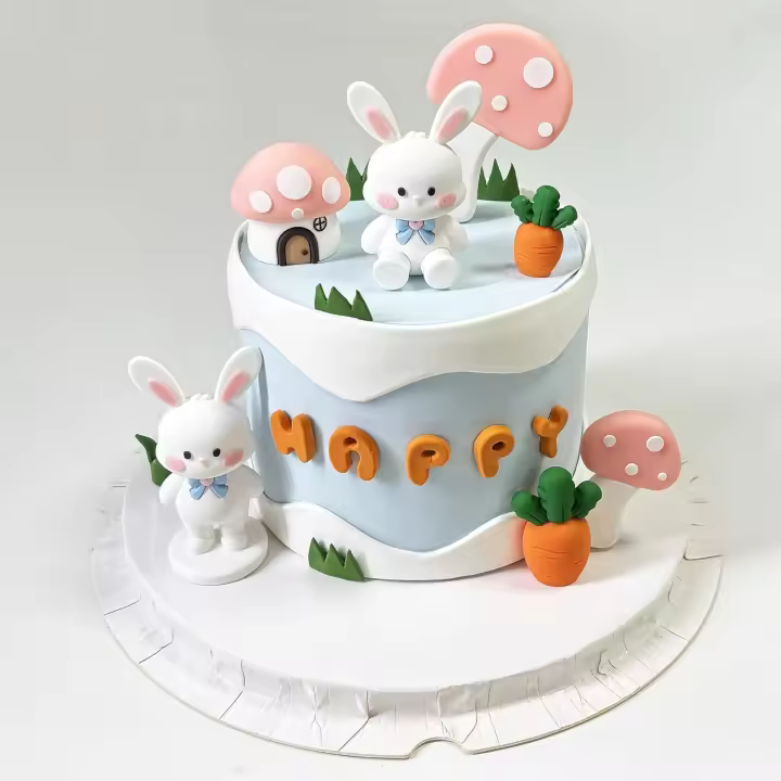 Toppers De Pastel Conejo Rosa Casa De Hongos Decoración De Cumpleaños Con Zanahoria Para Fiestas Suministros De Decoración De Alimentos De Dibujos Animados PVC - 1