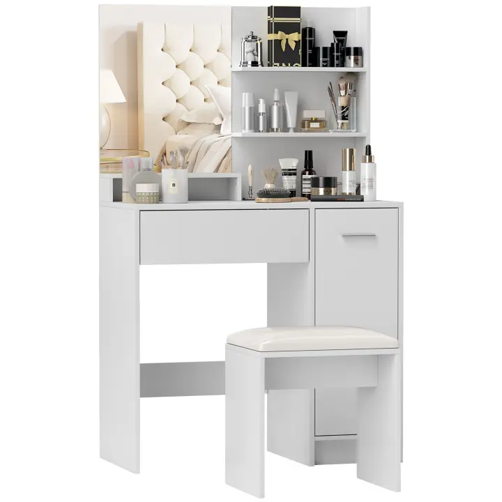 HOMCOM Tocador con espejo y taburete, cajón, armario de almacenamiento y estante ajustable para dormitorio, 80 x 40 x 132 cm, color blanco - 1