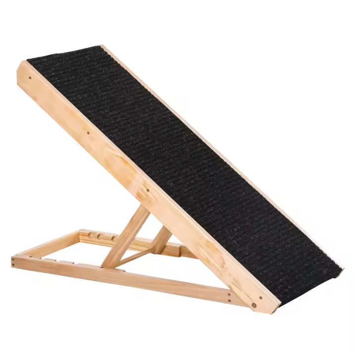 PawHut Rampa para Perros y Gatos Plegable de Madera 90x40x61 cm con Altura Ajustable de 4 Niveles y Alfombra Antideslizante Escaleras de Mascotas para Coche Cama y Sofá Natural - 1