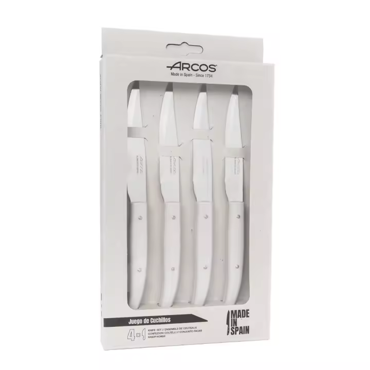 Arcos Serie Cuchillos de Mesa - Juego de Cuchillos Chuleteros 4 piezas - Hoja de Acero Inoxidable NITRUM de 110 mm - Filo Liso - Mango de Polipropileno - Color Gris - 1