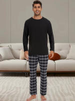 Conjunto De Pijamas Para Hombre Con Cuello En O Manga Larga Estilo Diario De Alta Calidad Color Sólido Y Rayado Pantalones De Pijama De Alta Calidad - details 0