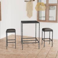 vidaXL Mesa y taburetes altos jardín y cojines 3 pzas ratán PE en color Negro/Gris/Marrón | cómodas modernas ergonómicas para comedor cocina salón hogar - details 1