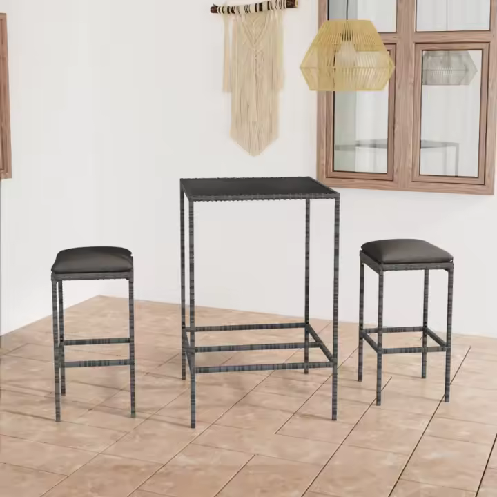vidaXL Mesa y taburetes altos jardín y cojines 3 pzas ratán PE en color Negro/Gris/Marrón | cómodas modernas ergonómicas para comedor cocina salón hogar - 1