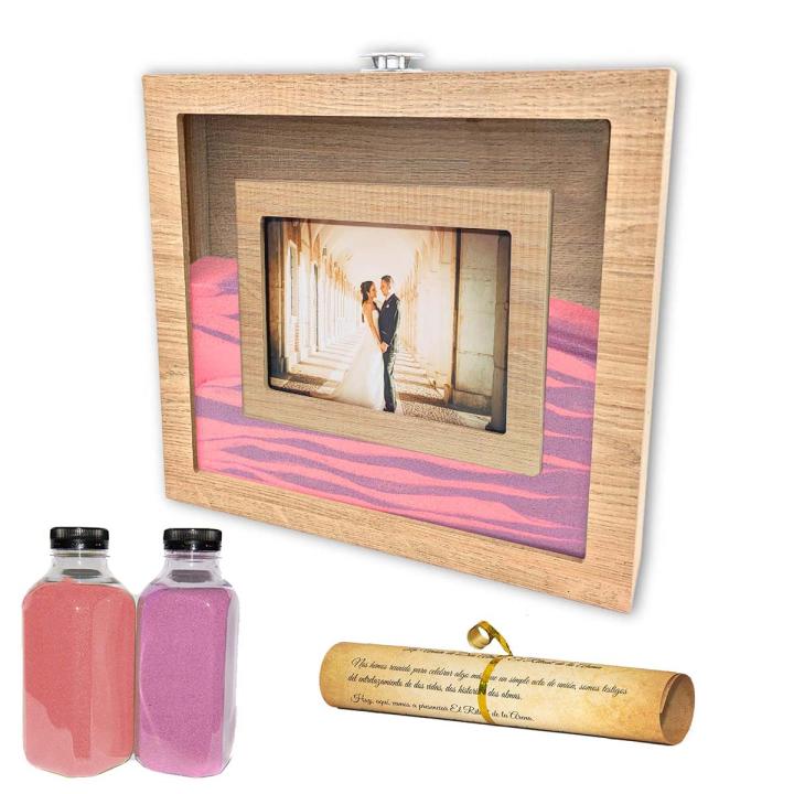 NIRALIS Ritual de la arena Roble con arena Rosa y Morada . Marco para la ceremonia de la arena en bodas- Kit completo para el Ritual de la arena en marco color roble con 2 colores de arena y pergamino incluido para que no tengas que preocuparte de nada.