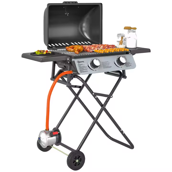 Outsunny Barbacoa de Gas con 2 Quemadores de Acero Inoxidable 2,8 KW Barbacoa Portátil con Mesas Laterales Plegables Bandeja Extraíble Termómetro y 2 Ruedas para Pícnic Camping 101x50x102 cm Negro - 1