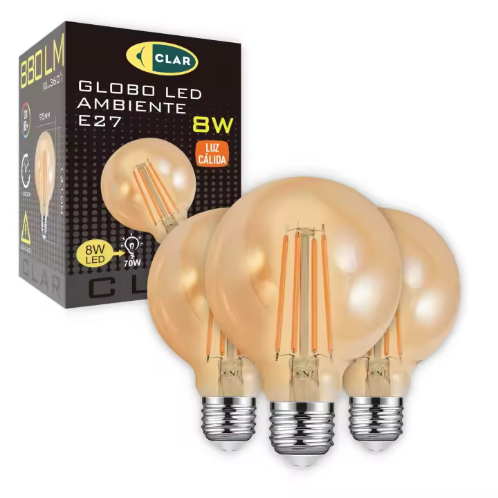 CLAR- Bombilla Globo E27 LED, Bombilla Vintage E27 LED G95 Filamento, Bombilla LED E27 8W Luz Cálida 2500ºK - 1