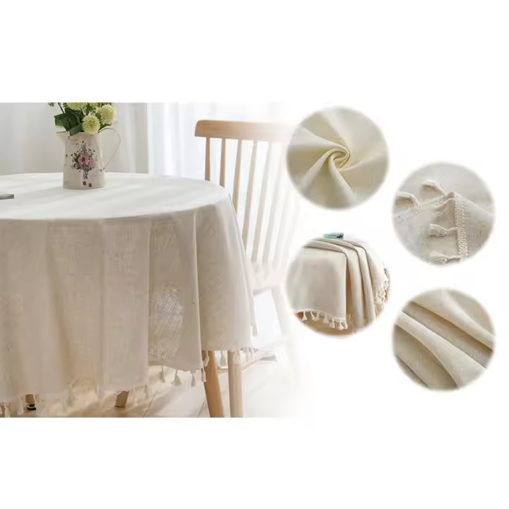 Mantel de Lino y Algodón Lavable Mantel beige Redondo 150 cm - 1