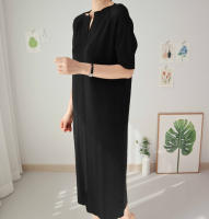 Vestido Largo De Verano Para Mujer REALEFT Estilo Coreano Casual Suelto Con Cuello En V Manga Larga Color Sólido Vestido Midi - details 6
