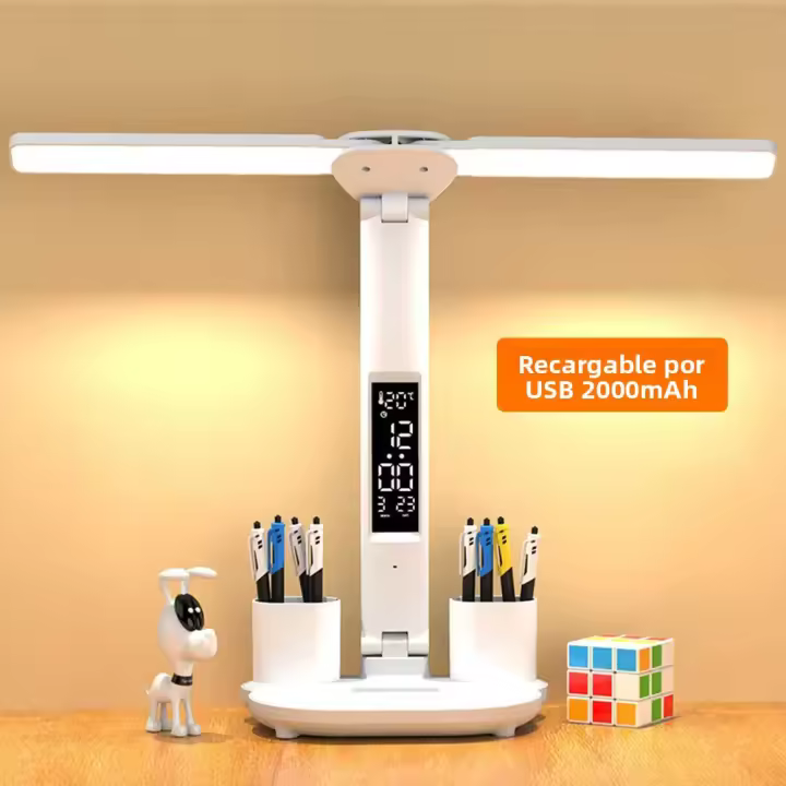 Lámpara De Mesa LED Doble Cabezal Multifuncional Plegable Con Calendario Y Reloj USB Para Lectura En La Habitación Luz De Noche Lateral - 1