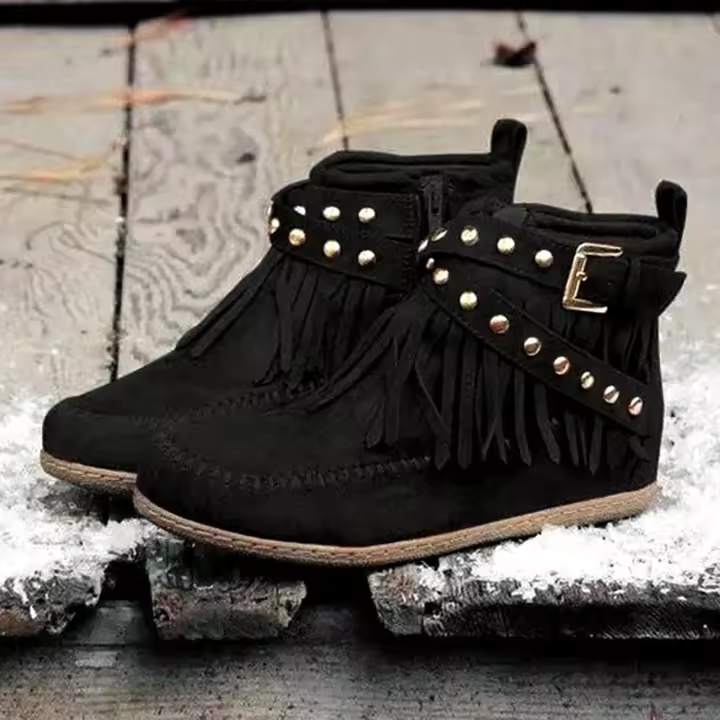 Botas De Mujer Retro Sólidas Con Flecos Y Cierre De Cremallera Botines Planos De Tacón Bajo Para Otoño Y Primavera - 1
