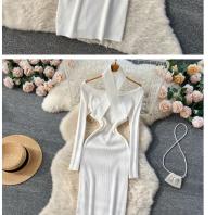 Vestido Largo Elegante De Otoño Invierno Para Mujer Con Cuello Haltera Y Cintura Ajustada Vestido Bodycon Coreano Para Oficina Vestidos De Suéter - details 8