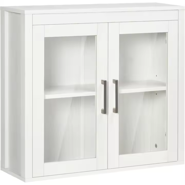 Armario de Baño de Pared con 2 Puertas de Vidrio y Estante Ajustable Mueble Colgante de Baño para Cocina Dormitorio Aseo Estilo Moderno 60x19,5x54 cm Blanco - 1