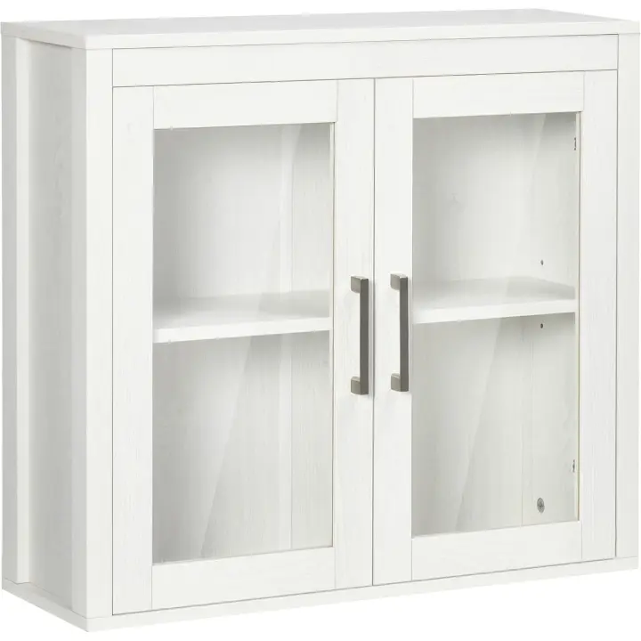 Armario de Baño de Pared con 2 Puertas de Vidrio y Estante Ajustable Mueble Colgante de Baño para Cocina Dormitorio Aseo Estilo Moderno 60x19,5x54 cm Blanco - 1