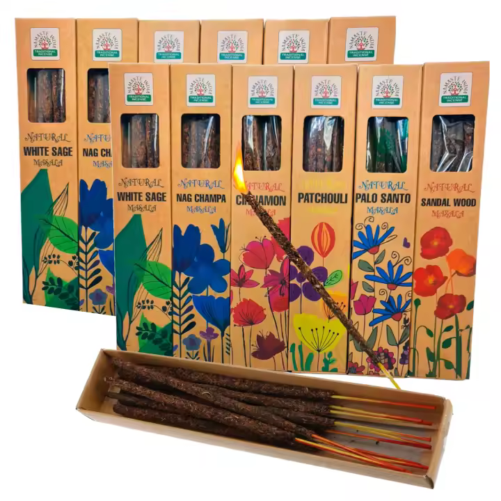 Lote de Incienso Natural Orgánico ORKAY - Palo Santo - Sándalo - Salvia Blanca - Nag Champa - Canela - Pachuli. Hecho a Mano Ecológico Sahumerio - Caja con 12 paquetes de 33gr. 2 Aromas de Cada - 1