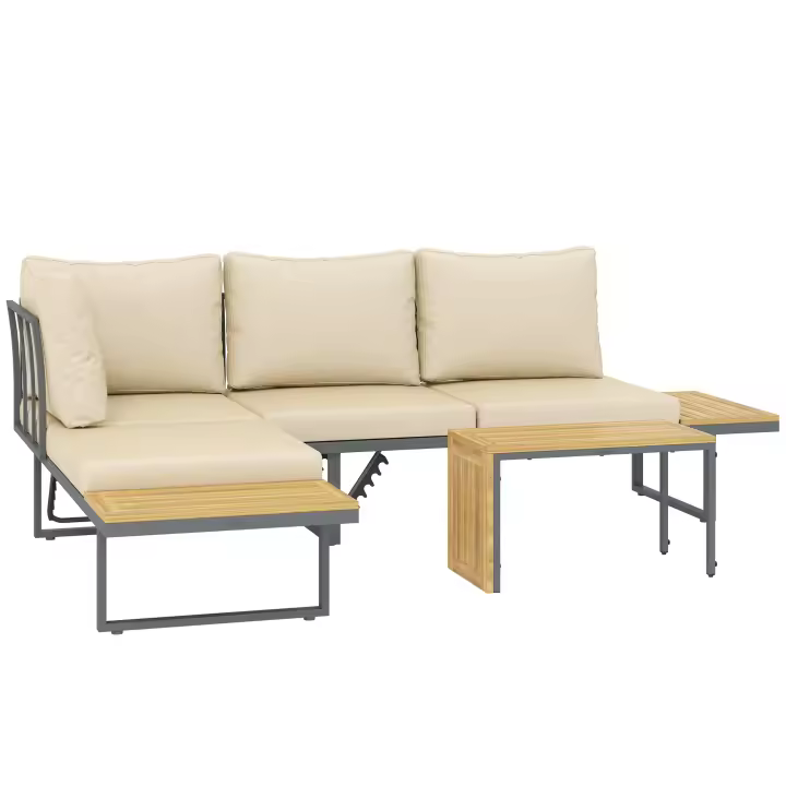 Outsunny Conjunto de Muebles Jardín Exterior Sofás de Exterior en Forma de L Tumbona con 2 Sofás de 3 Plazas Asiento Ajustable y Mesa de Madera de Acacia Versátil con Cojines Beige y Gris - 1
