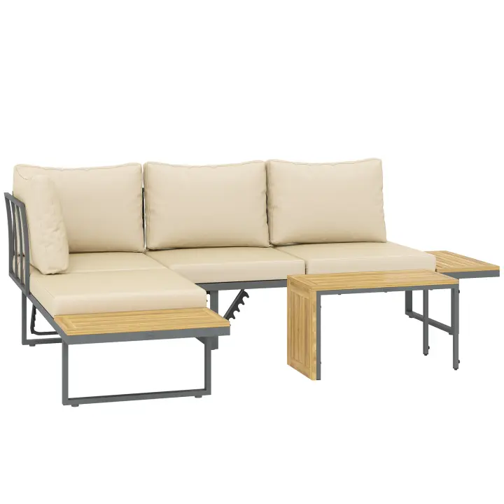 Outsunny Conjunto de Muebles Jardín Exterior Sofás de Exterior en Forma de L Tumbona con 2 Sofás de 3 Plazas Asiento Ajustable y Mesa de Madera de Acacia Versátil con Cojines Beige y Gris - 1