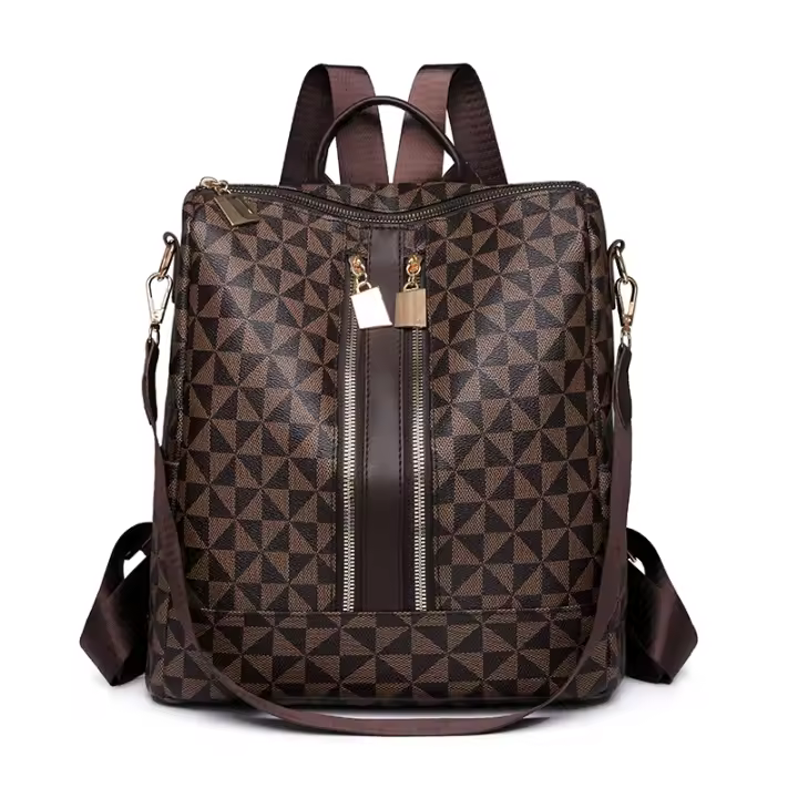Mochila De Piel De PU Vintage Para Mujer Con Patrón De Diamantes Gran Capacidad Antirrobo Multiusos Para Salidas - 1