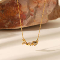 Encanto Collar con colgante de hueso de pescado personalizado chapado en oro para mujer, moda Ins, diseño de nicho, conjunto de diamantes metal de hueso de pescado dulce de acero inoxidable a la moda, cadena de clavícula de circón irregular simple salvaje - details 0
