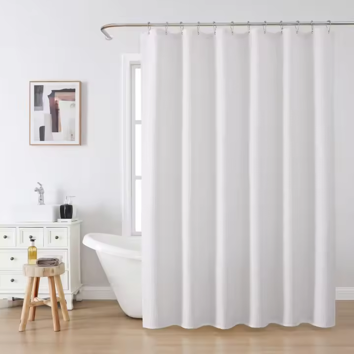 Cortina de ducha de tela tipo gofre con ganchos de metal, resistente, para baño, bañera, ducha, dobladillo con peso, resistente al agua. - 1