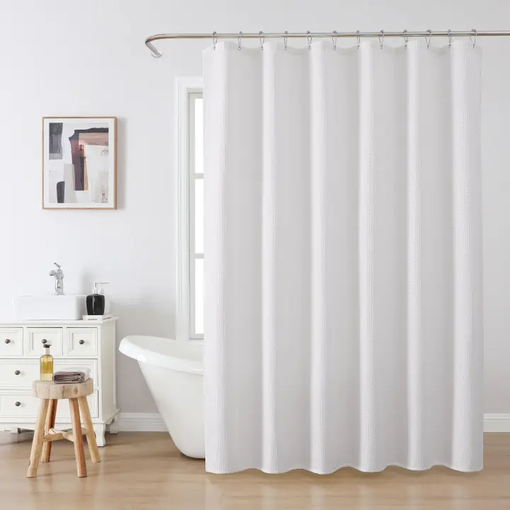 Cortina de ducha de tela tipo gofre con ganchos de metal, resistente, para baño, bañera, ducha, dobladillo con peso, resistente al agua. - 1