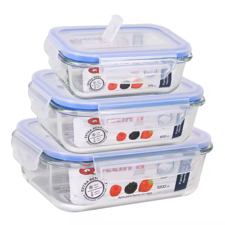 Quttin Set 3 Recipientes Hermeticos de Vidrio Borosilicato - Set 3 Fiambreras - Capacidades de 375cc, 600cc y 1000cc - Con valvula para microondas - Apto para Horno, Microondas y Lavavajillas - 1