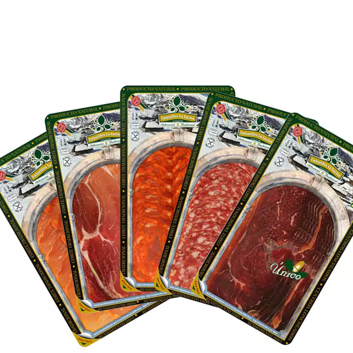 Surtido loncheado de cecina + loncheado de jamón + loncheado de lomo + loncheado de chorizo + loncheado de salchichón. 100 gr. cada uno - 1