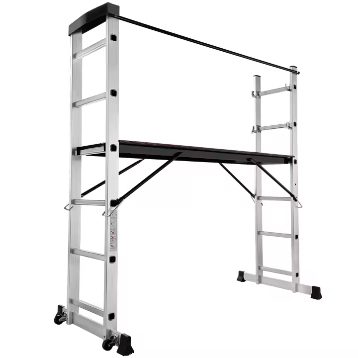 Tectake - Escalera de aluminio multiusos  Escalera 4 en 1: escalera simple, escalera de tijera, andamio simple y andamio para desniveles  Gran plataforma de trabajo, aprox. 147 x 40 cm  Con dos ruedas se cambia fácilmente la posición - 1