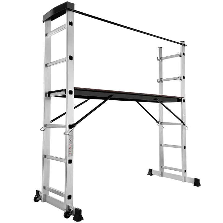 Tectake - Escalera de aluminio multiusos  Escalera 4 en 1: escalera simple, escalera de tijera, andamio simple y andamio para desniveles  Gran plataforma de trabajo, aprox. 147 x 40 cm  Con dos ruedas se cambia fácilmente la posición - 1