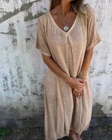 Falda Casual De Verano Manga Larga Cuello V Color Sólido Algodón Y Lino Ajuste Suave Vestido Midi Para Mujer - details 6