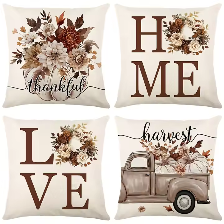 4 fundas de almohada de cosecha de otoño, fundas de cojín de poliéster tejido contemporáneo, lavable a máquina, cierre de cremallera, con impresiones florales y de decoración para el hogar para decoración de dormitorio y sala de estar - 1