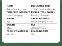Lámpara De Camping Recargable USB Portátil Con Carga Solar 3000-5000K Dimmer Sin Etapas Luz Para Tents Material ABS Fuente De Luz LED - details 7