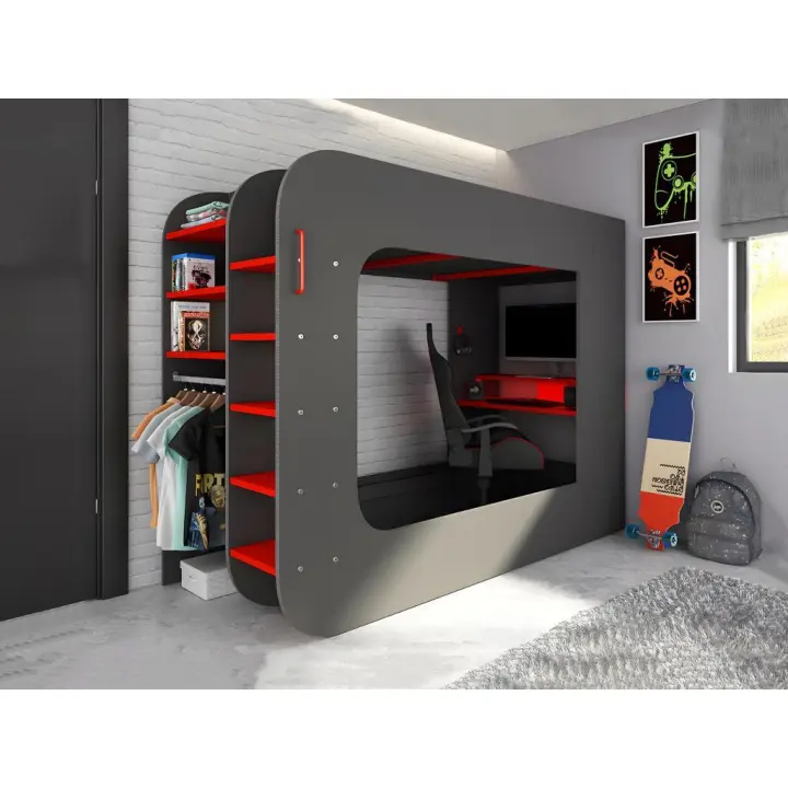 Vente-unique - Cama alta gamer 90 x 200 cm - Con escritorio y compartimentos - Con LEDs - Antracita y rojo - WARRIOR - 1