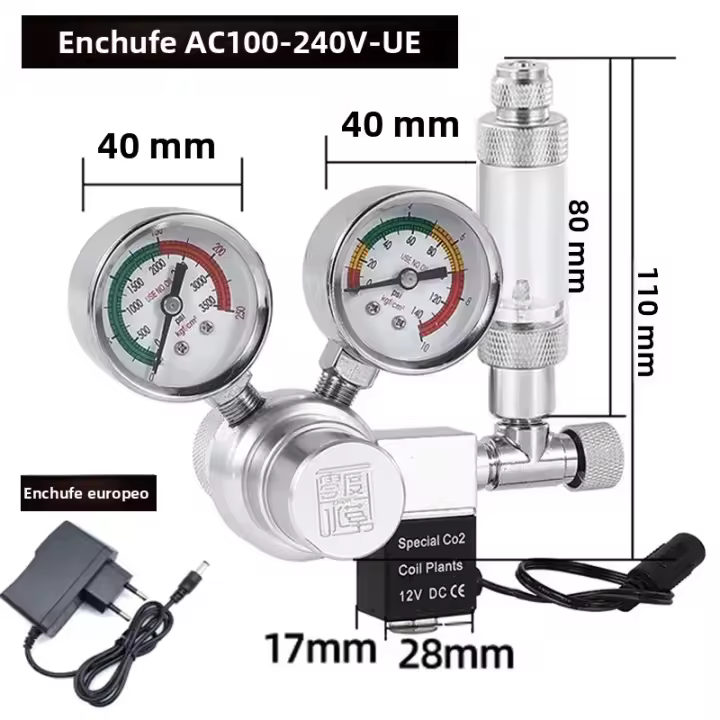 Válvula Reductora De Presión CO2 Para Acuario Con Doble Medidor Control De Presión Para Cilindro Válvula Solenoid Regulador CO2 - 1