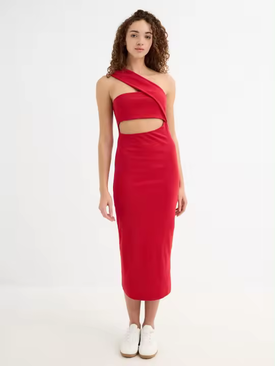 Vestido midi de escote recto, tirante único asimétrico, estilo cut-out, hecho de canalé y de un solo color liso INSIDE - 1