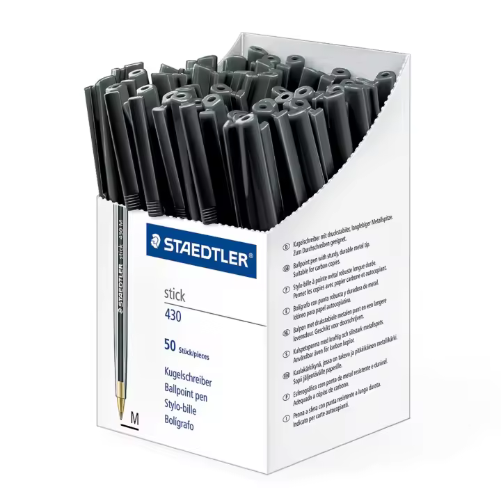 STAEDTLER - Caja de 50 Bolígrafos Stick 430 de Punta Media Color Negro - 1