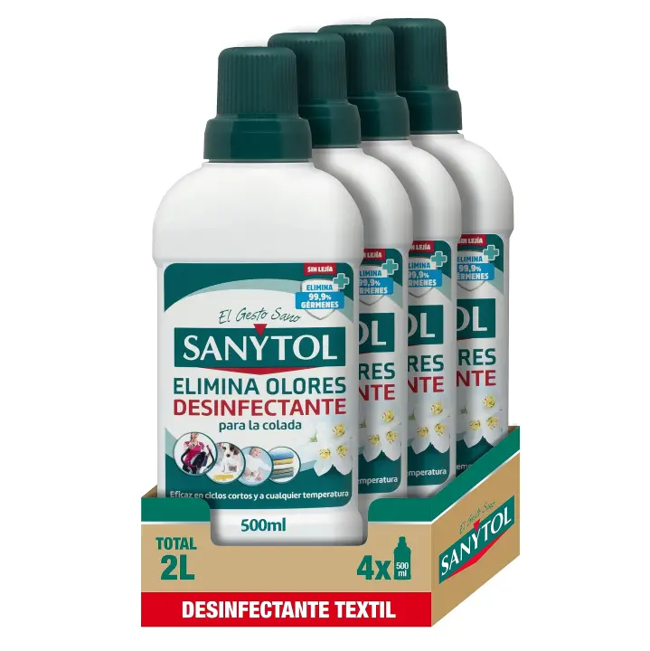 Sanytol – Desinfectante Textil_ Elimina Gérmenes y Malos Olores de la Ropa Sin Lejía - Pack de 4 x 500 ML = 2L - 1