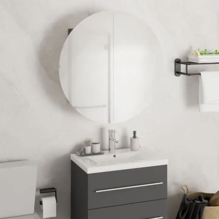 vidaXL Armario de baño con espejo redondo y LED 47x47x17,5 cm en color Gris/Negro/Blanco | almacenamiento funcional diseño moderno para baño dormitorio sala - 1